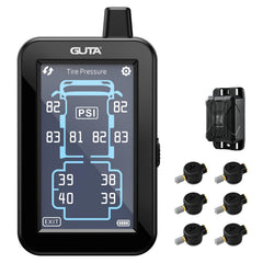 GUTA GT80 full-color touchscreen display showing real-time tire pressure and temperature.
