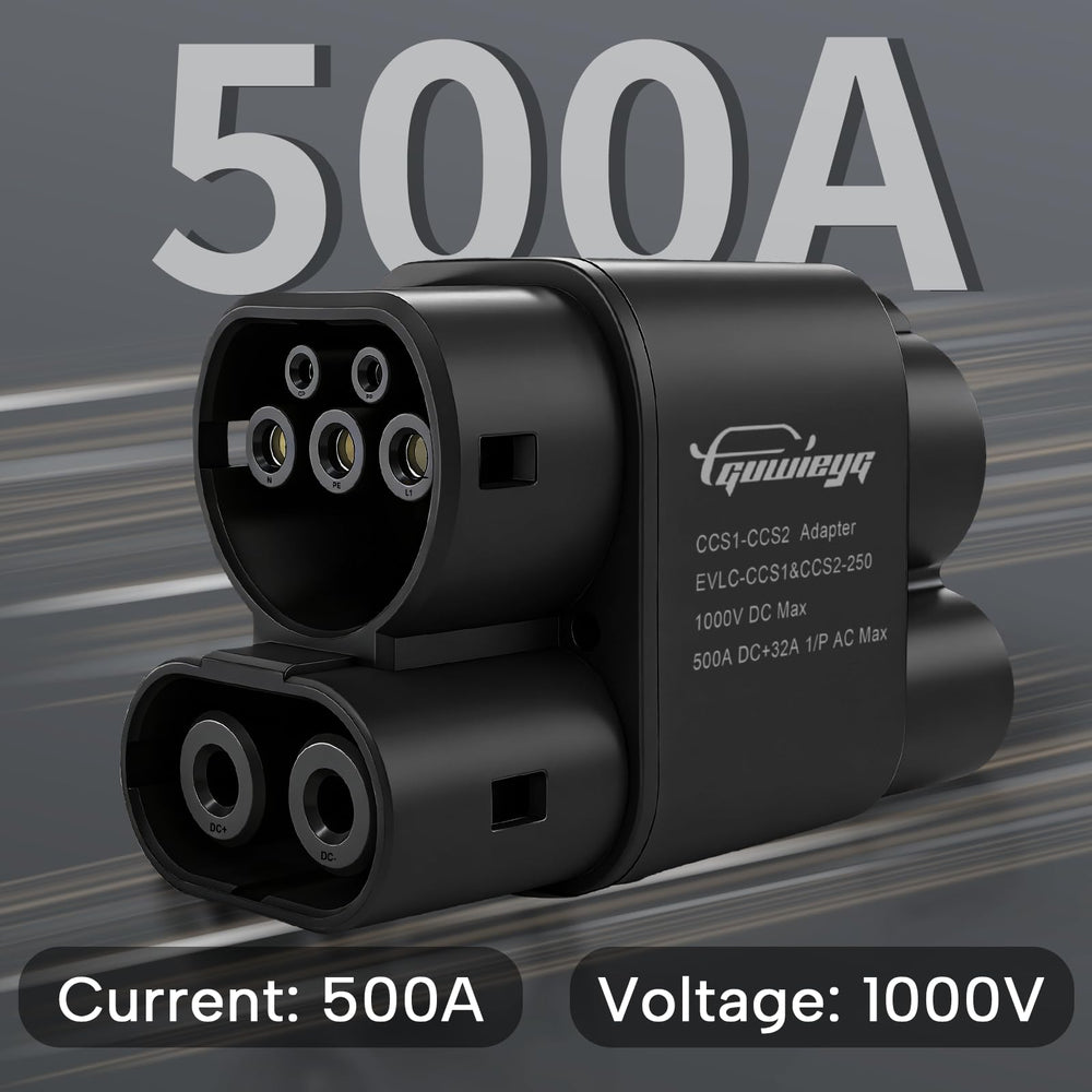 GUWIEYG CCS1 to CCS2 adapter showing copper alloy pins for durable contact.