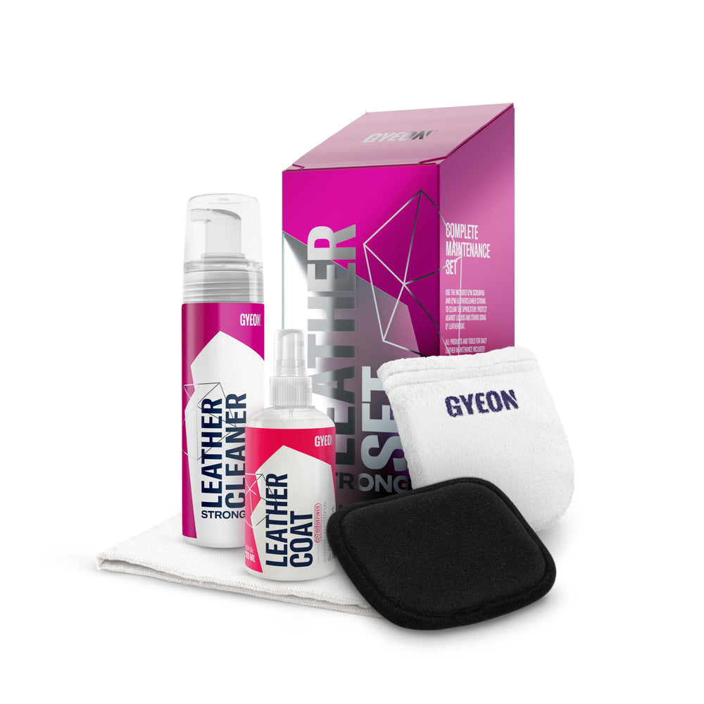 Gyeon Leather Set bottle cleaner demonstrates prep for clean, matte leather.