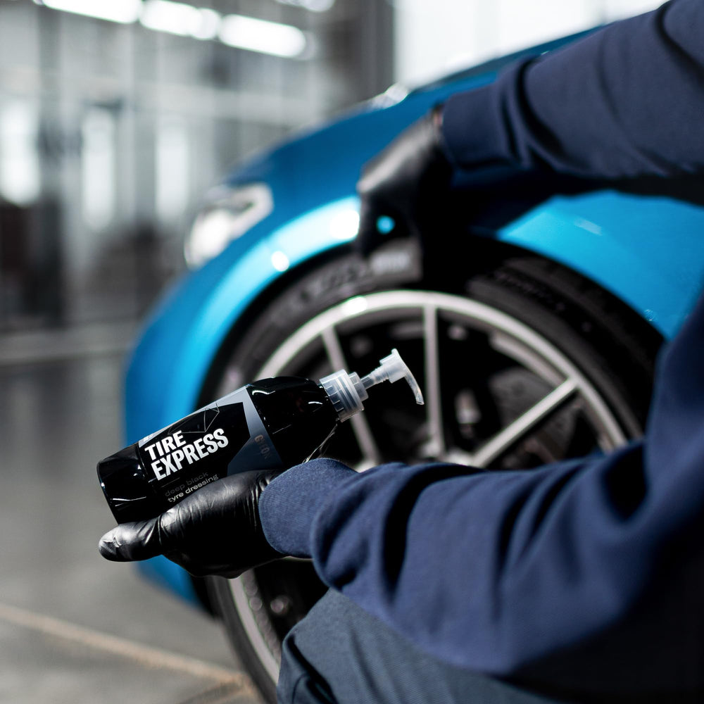 Gyeon Tire Express Satin Finish wet-look shine after drying on tires.