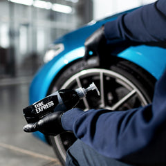 Gyeon Tire Express Satin Finish wet-look shine after drying on tires.