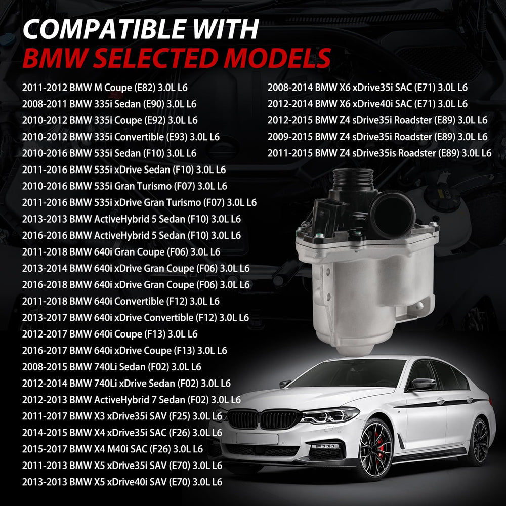 GZGN water pump side view for BMW, compact aluminum housing boosts durability.