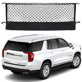 Hacyikee envelope-style cargo net installed in Chevy Tahoe trunk for organized cargo