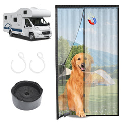 HAEZU magnetic-closure RV screen door for hands-free entry and bug protection.