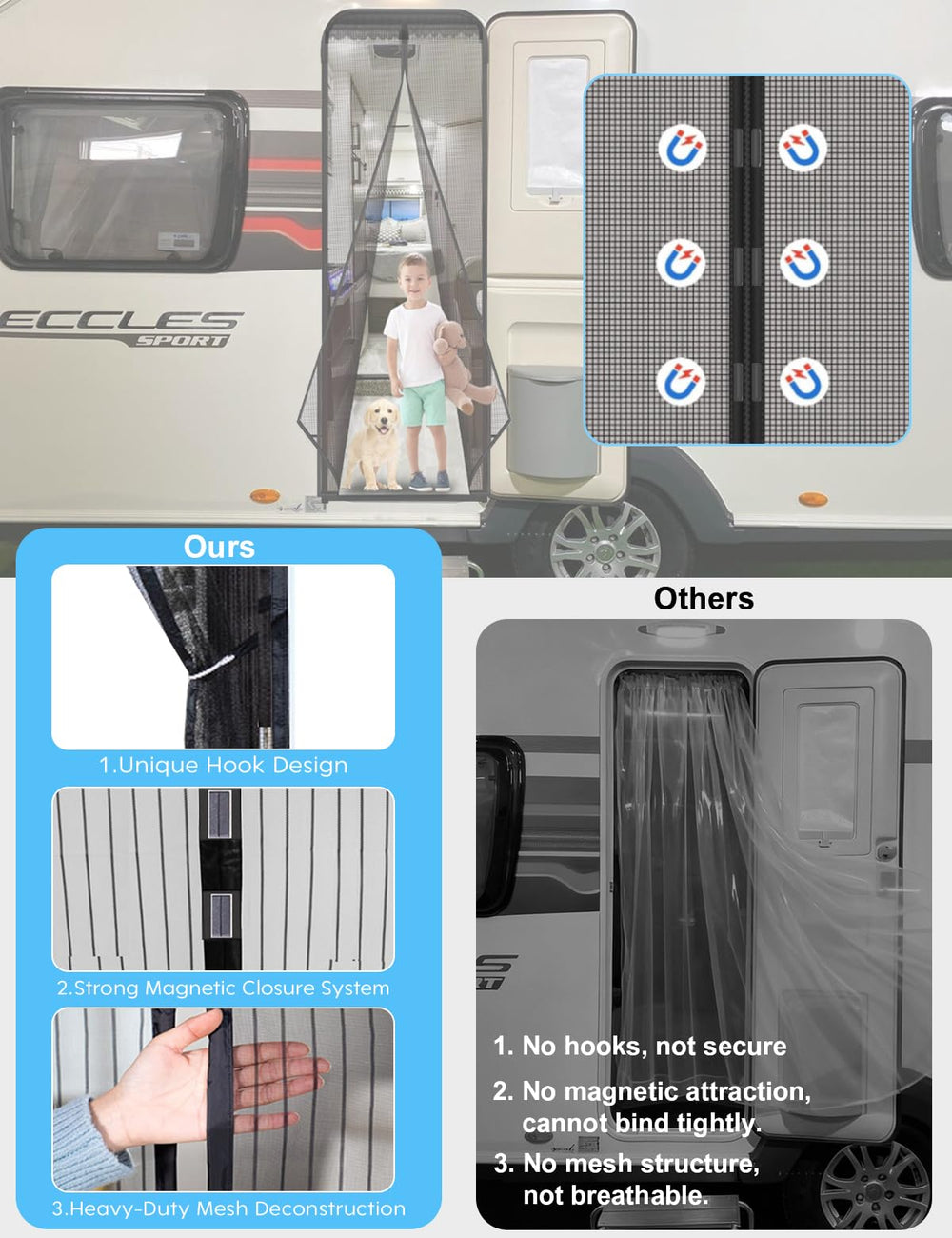 HAEZU universal-fit screen works with most RV doors and campers.