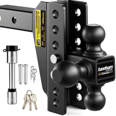 Handnam drop hitch with 6-inch drop for level towing.