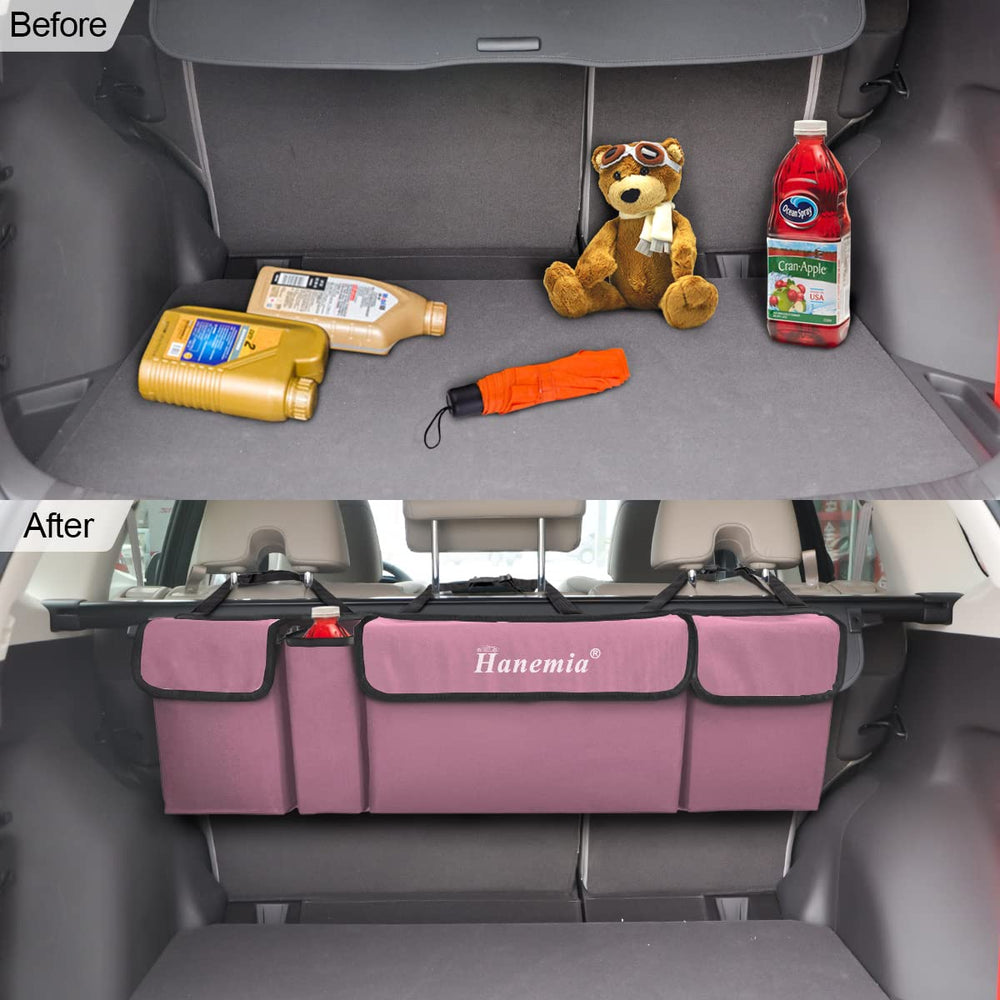 Hanemia trunk organizer hanging strap demonstrates quick installation for backseat mounting.