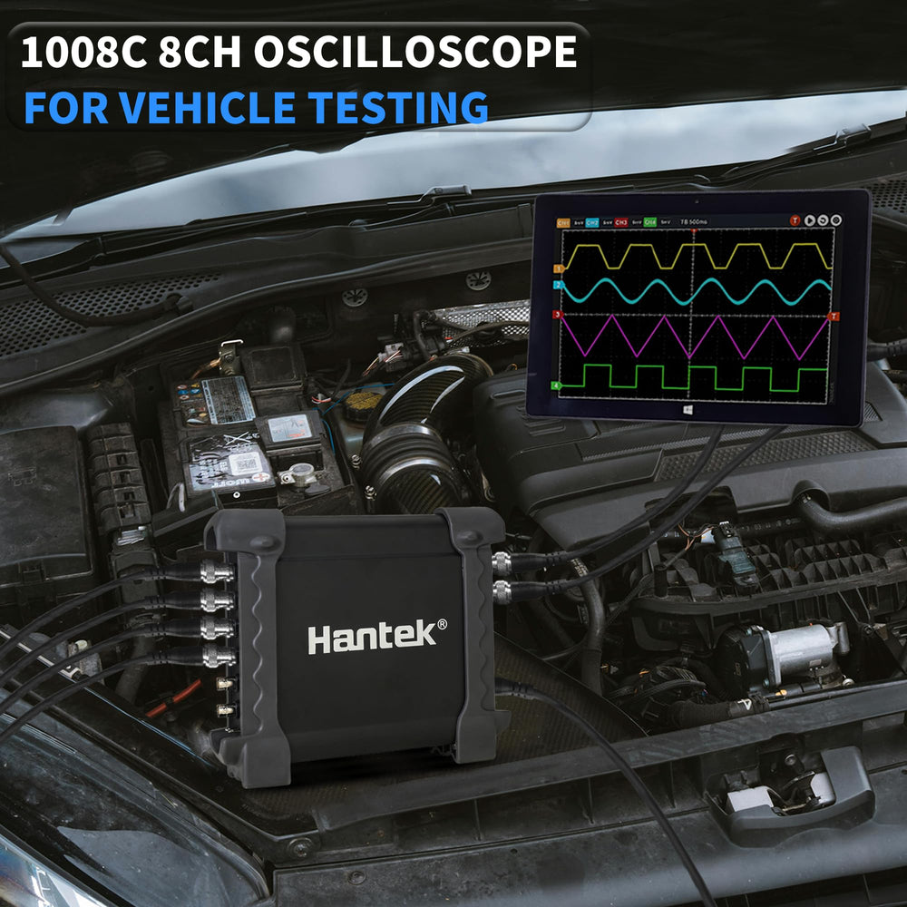 Hantek 1008C automotive oscilloscope ready for on-table or bench setups