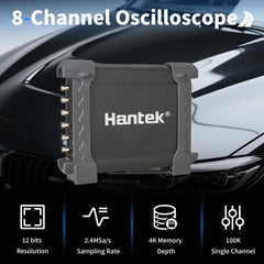 Hantek 8-channel oscilloscope front panel captures real-time signals for easy troubleshooting.