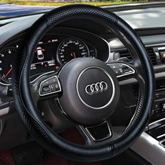 HAOKAY heavy-duty cowhide steering wheel cover with 15-inch fit for durable grip.