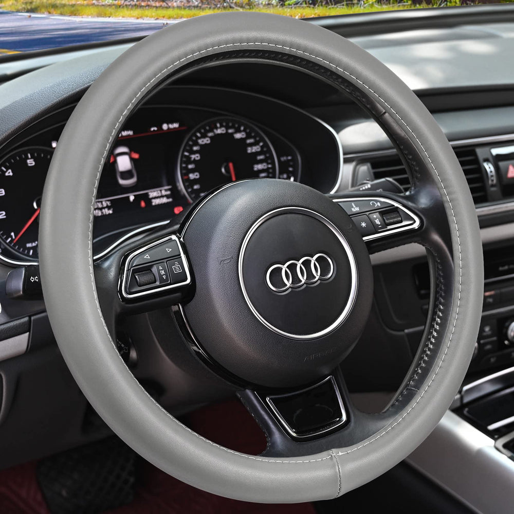 HAOKAY heavy-duty cowhide steering wheel cover, gray front view, enhances grip and premium feel.