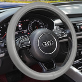 HAOKAY heavy-duty cowhide steering wheel cover, gray front view, enhances grip and premium feel.