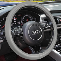 HAOKAY heavy-duty cowhide steering wheel cover, gray front view, enhances grip and premium feel.