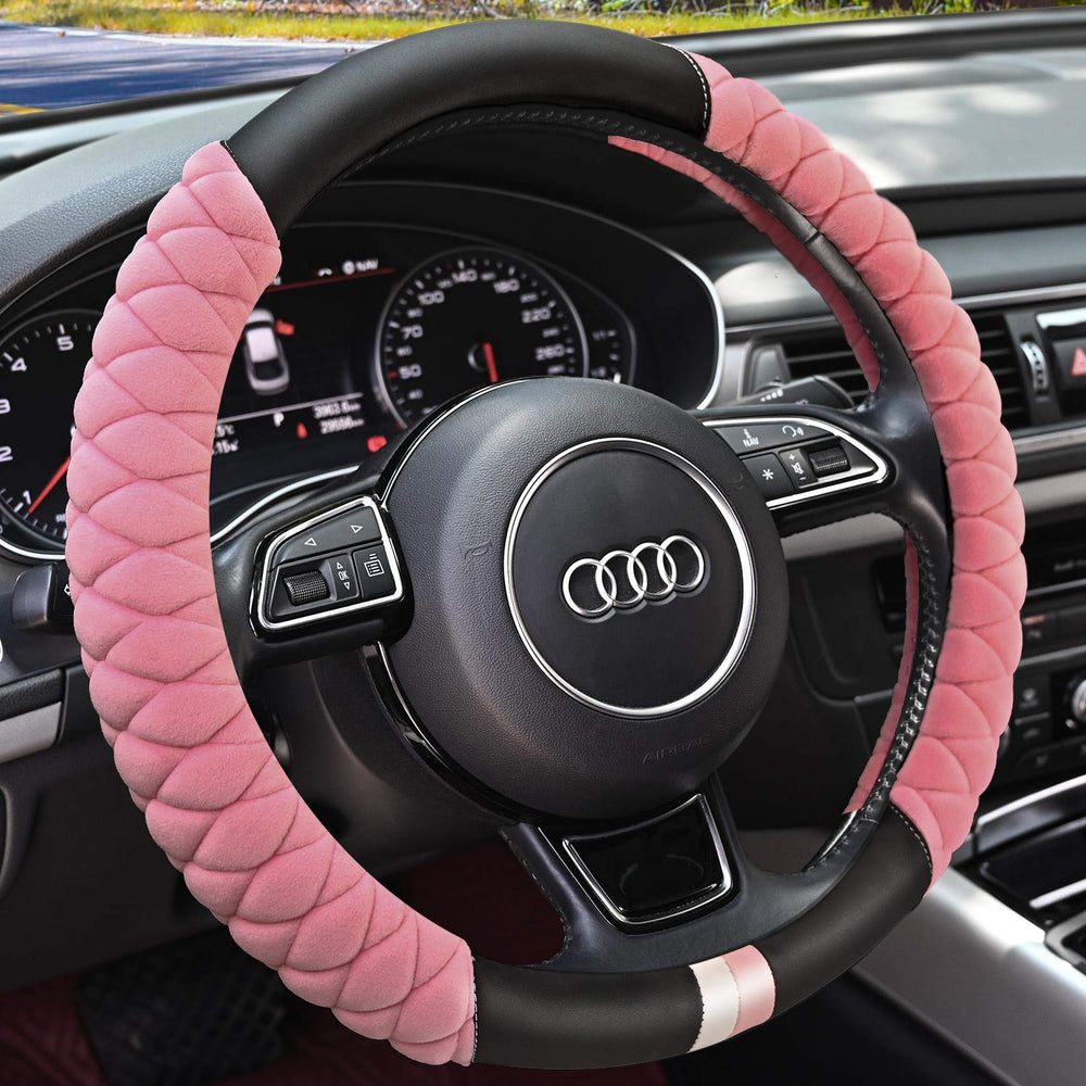 HAOKAY luxury fluffy steering wheel cover in pink adds comfort and style to your ride.
