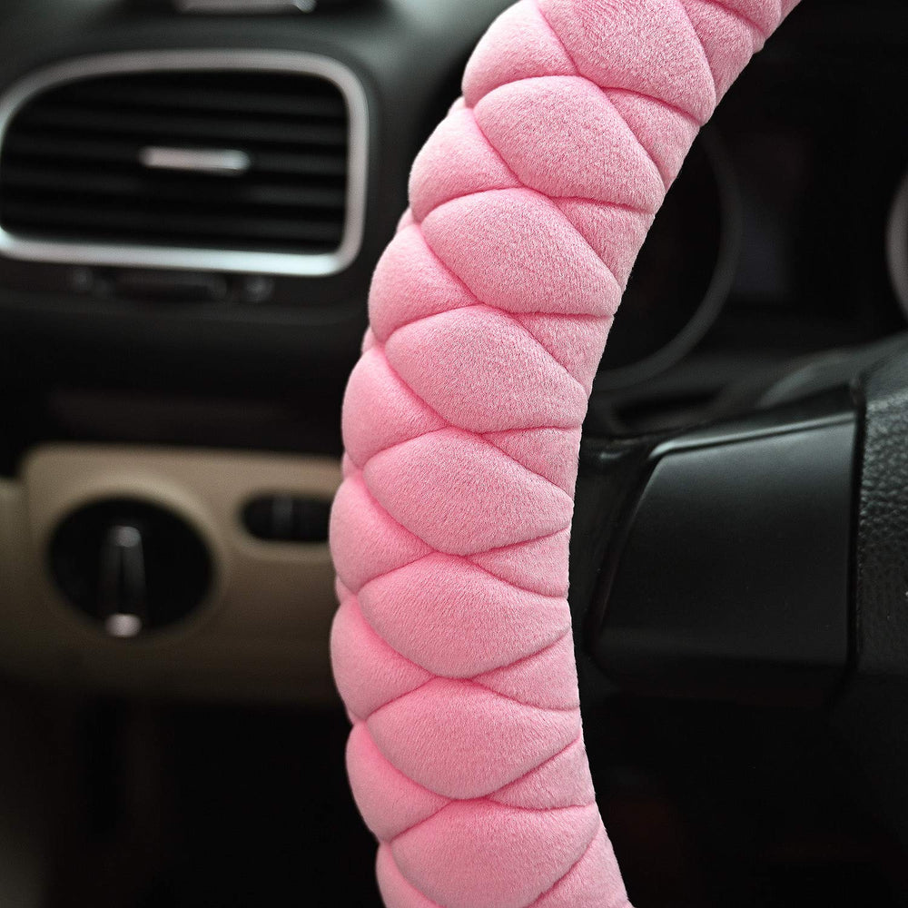 HAOKAY pink fuzzy steering wheel cover close-up shows soft texture and anti-slip grip.