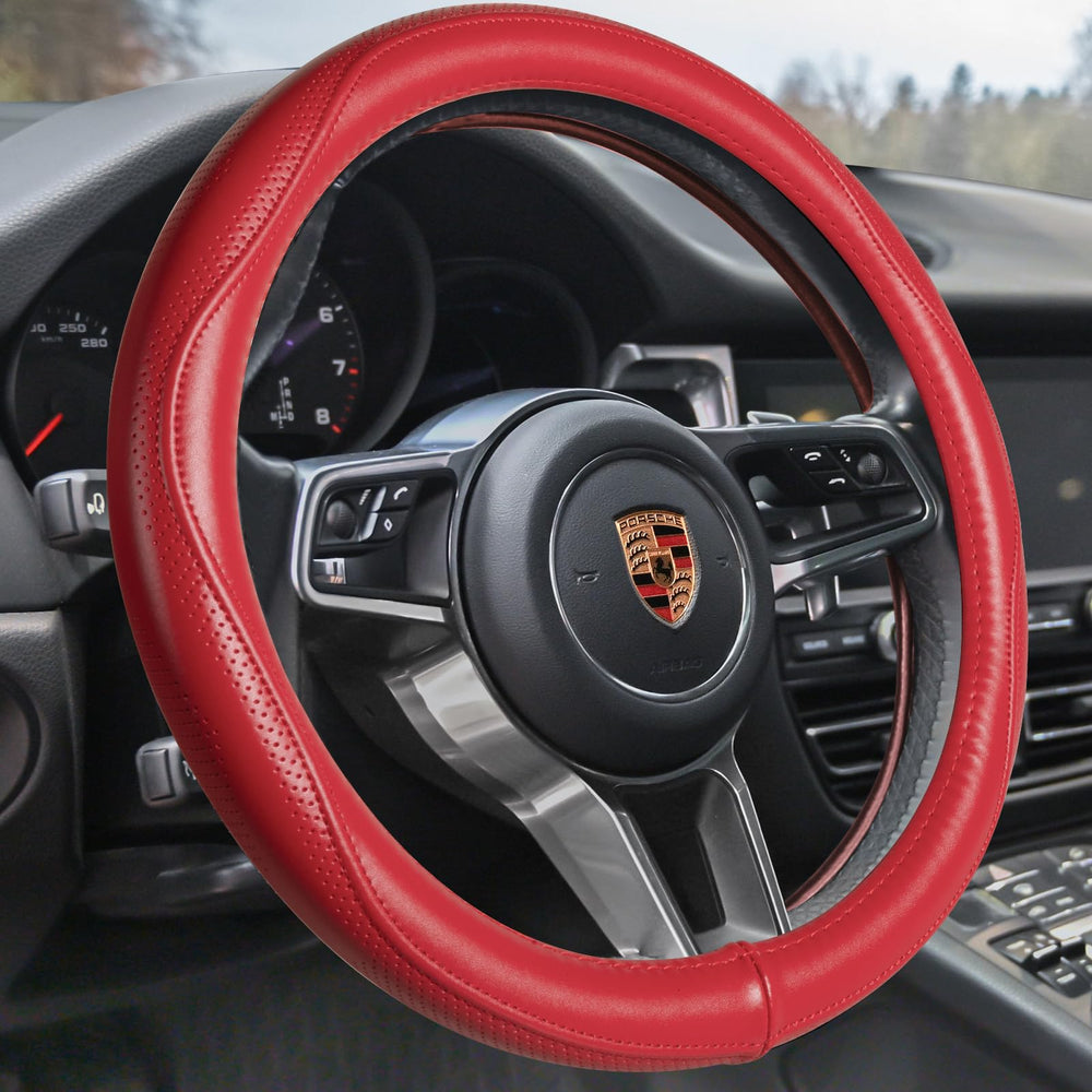 HAOKAY red leather steering wheel cover close-up showing supple texture for grip