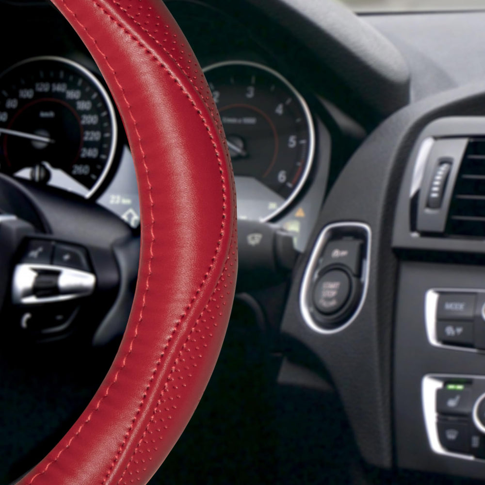 HAOKAY universal-fit red leather steering wheel cover on standard wheel