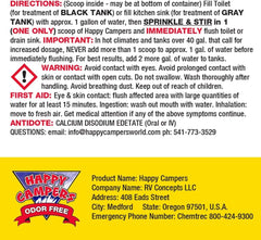 Happy Campers RV Toilet Treatment concentrates effectiveness up to 40 gallons per scoop.