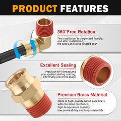 HASAOMOI brass push-to-connect detail shows 360-degree rotation for flexible installation.