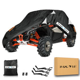HayCover UTV cover in heavy-duty Oxford cloth protecting against rain and dust.