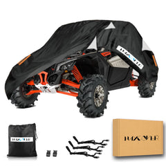 HayCover UTV cover in heavy-duty Oxford cloth protecting against rain and dust.