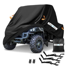 HAYCOVER UTV cover in waterproof heavy-denier Oxford cloth protecting a Polaris from rain.