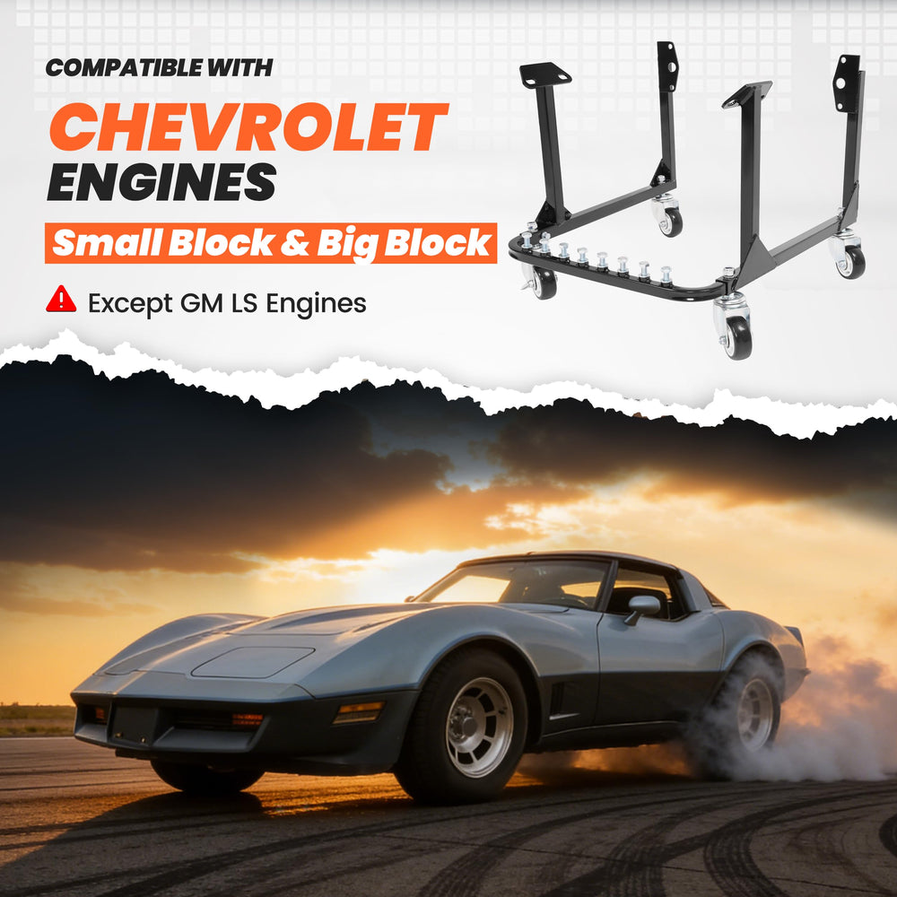 HECASA engine cradle stand with wheels moves Chevy big-block engines smoothly.