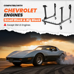 HECASA engine cradle stand with wheels moves Chevy big-block engines smoothly.