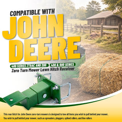 HECASA John Deere ZTrak compatible hitch demonstrates seamless mower compatibility.