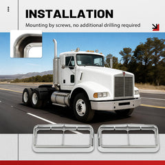 HECASA visor bezel for Kenworth T800 enhances front-end appearance while guarding 4x6 lamps