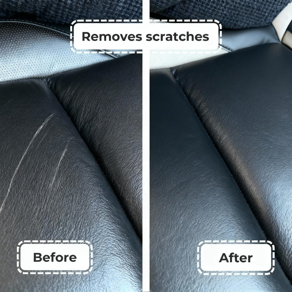Before-after swatch shows improved color and uniform finish after treatment.