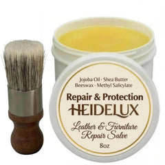 Heidelux Leather Restoration Cream bottle showing quick, non-staining repair capability.