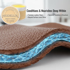 HEIDELUX Leather Restore Cream bottle close-up highlighting absorption.