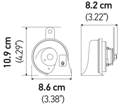 Mounting bracket on Hella BX trumpet horn kit enables quick installation.