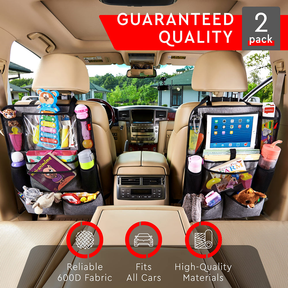 Helteko backseat organizer clear tablet holder supports touch-friendly viewing during trips.