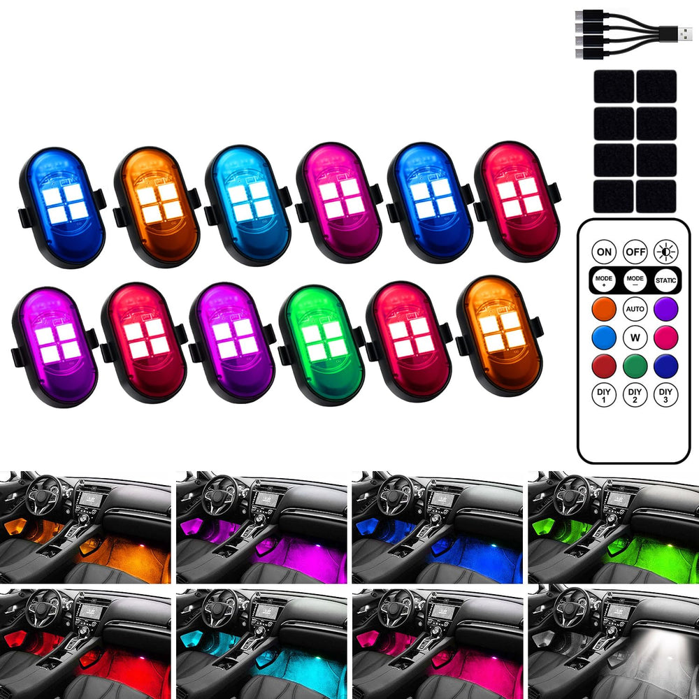 Hemei9319 upgraded wireless car interior LED light with remote control for color customization.