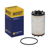 Hengst oil filter cartridge with gasket, front view, designed for optimal engine protection.