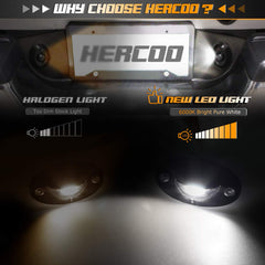 HERCOO LED license plate light black housing resists weathering and corrosion.