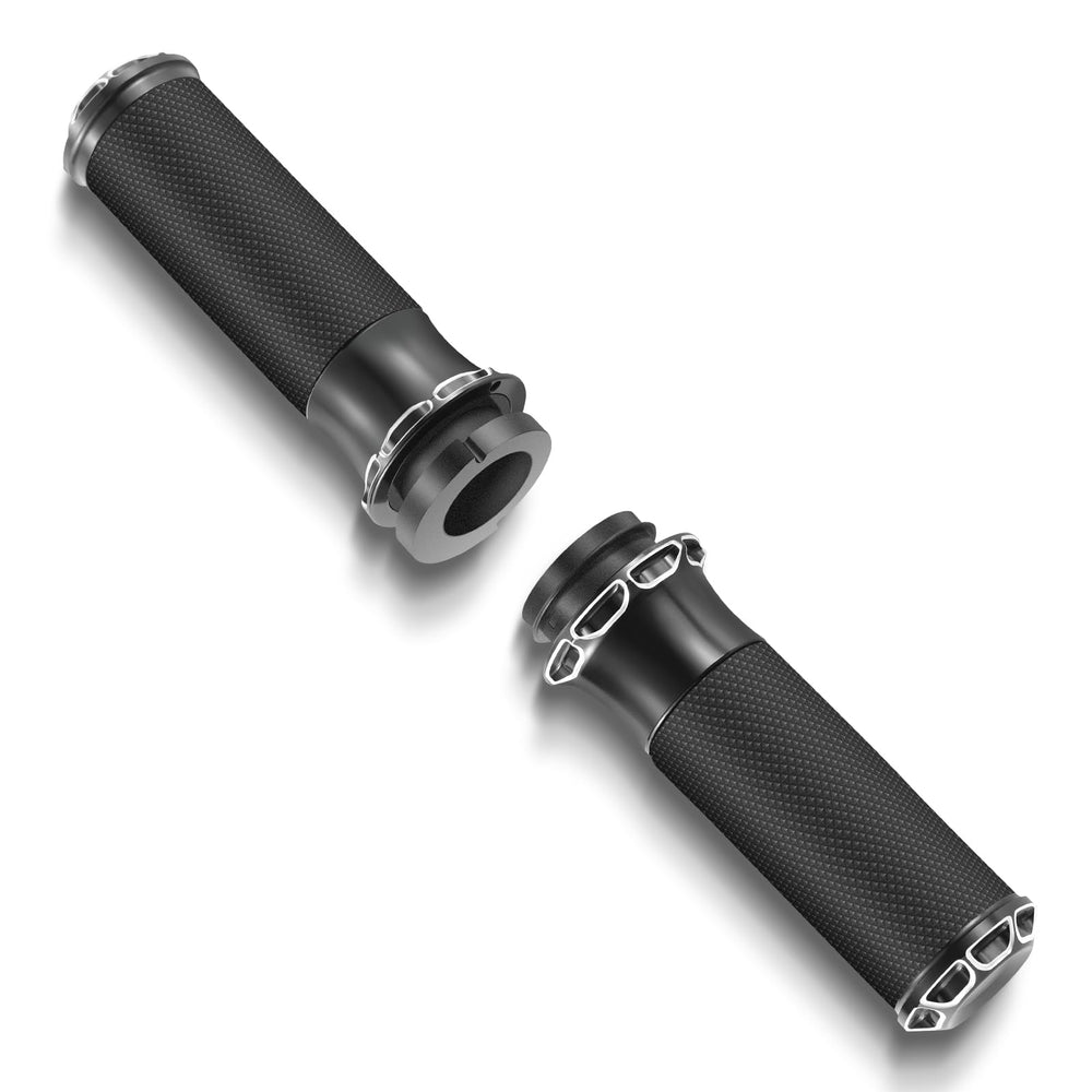 HEYOMOTOR handlebar grips closeup shows rugged CNC aluminum for Harley Touring control.
