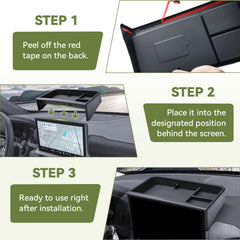 HGWEI dash storage tray behind-screen layout enhances cockpit organization.