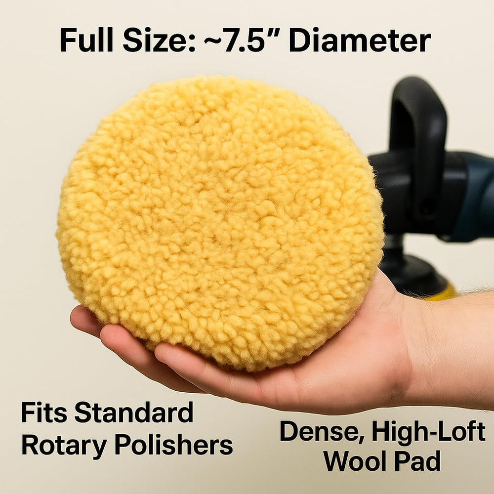 HI-BUFF 7.5-inch wool polishing pad back view showing secure hook-and-loop backing