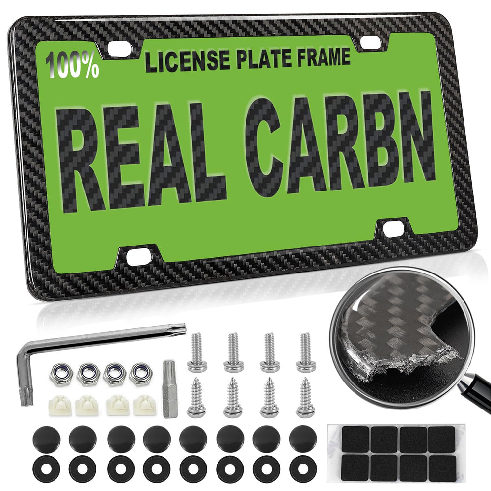 HIBRONGO real carbon fiber license plate frame close-up showing glossy weave and durable finish.