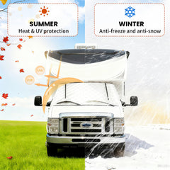 HICOVER RV windshield cover with 4 layer insulation highlights water resistance and UV shielding.