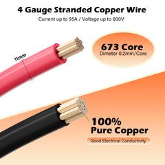 HiFind 4-gauge black battery cable end with ring terminals for reliable inverter wiring