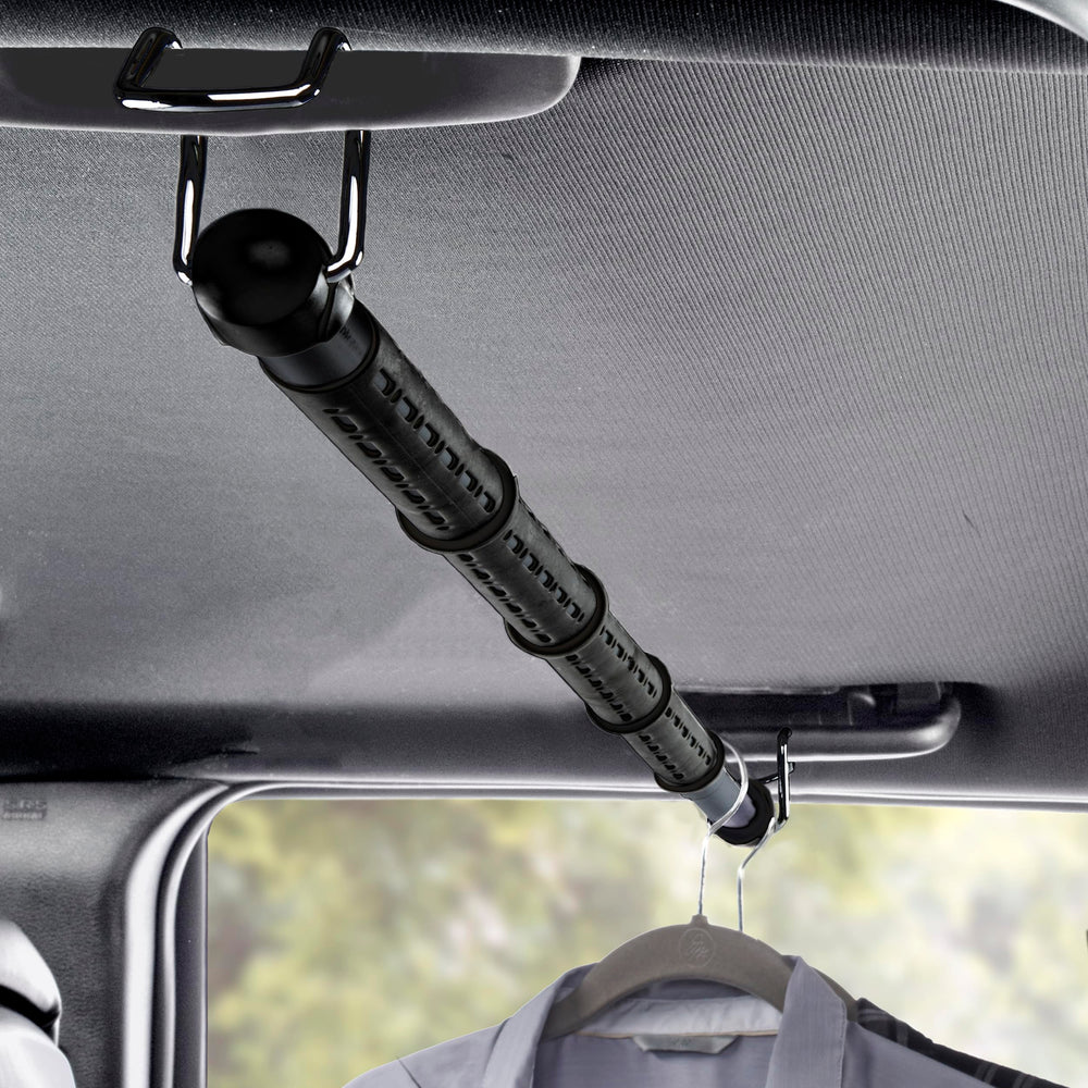 High Road car clothes hanger bar extended to 60 inches for organized outfits during travel
