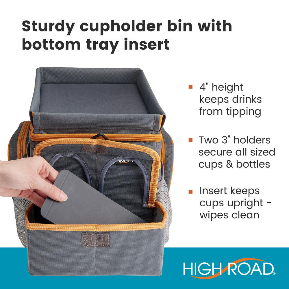 High Road CarHop cup holder bin anchors drinks to minimize spills.