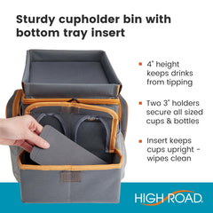 High Road CarHop cup holder bin anchors drinks to minimize spills.