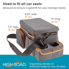 High Road CarHop dimensions show ample space across seats for organization.