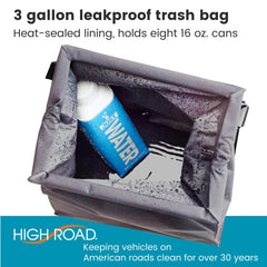 Compact, portable car trash bin fits neatly in a vehicle cabin.