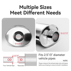 Hilmitile resonator compatible with car, truck, and SUV exhaust setups.